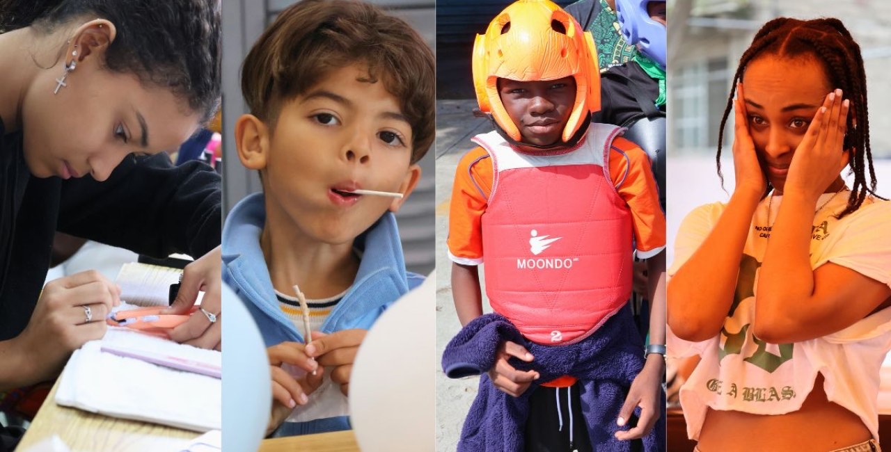 Cuatro retratos del año: una joven escribiendo, un niño en un taller, un adolescente con equipo de taekwondo y una mujer sonriendo