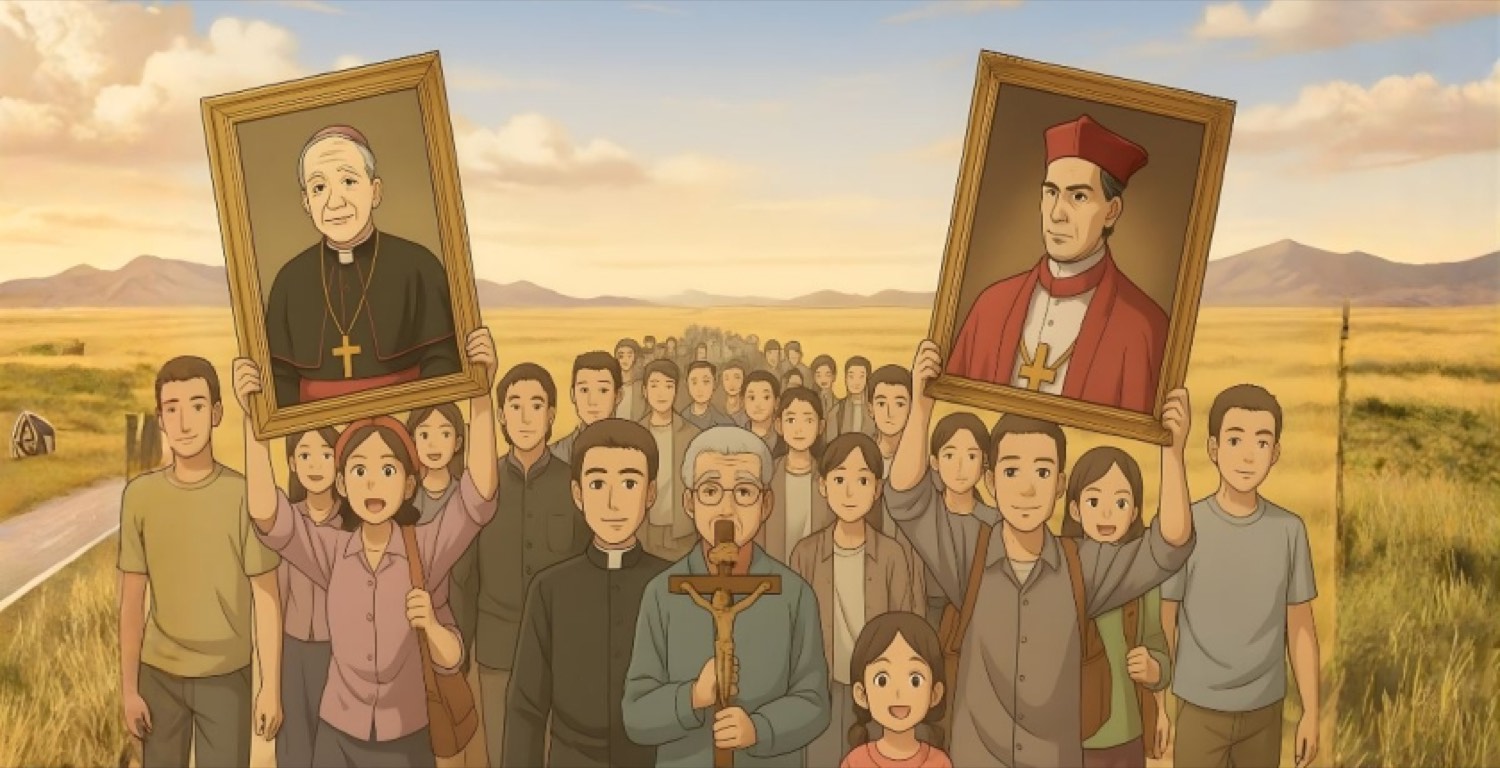 Ilustración de un grupo de personas migrantes caminando con los retratos de San Juan Bautista Scalabrini y San Carlos Borromeo en alto
