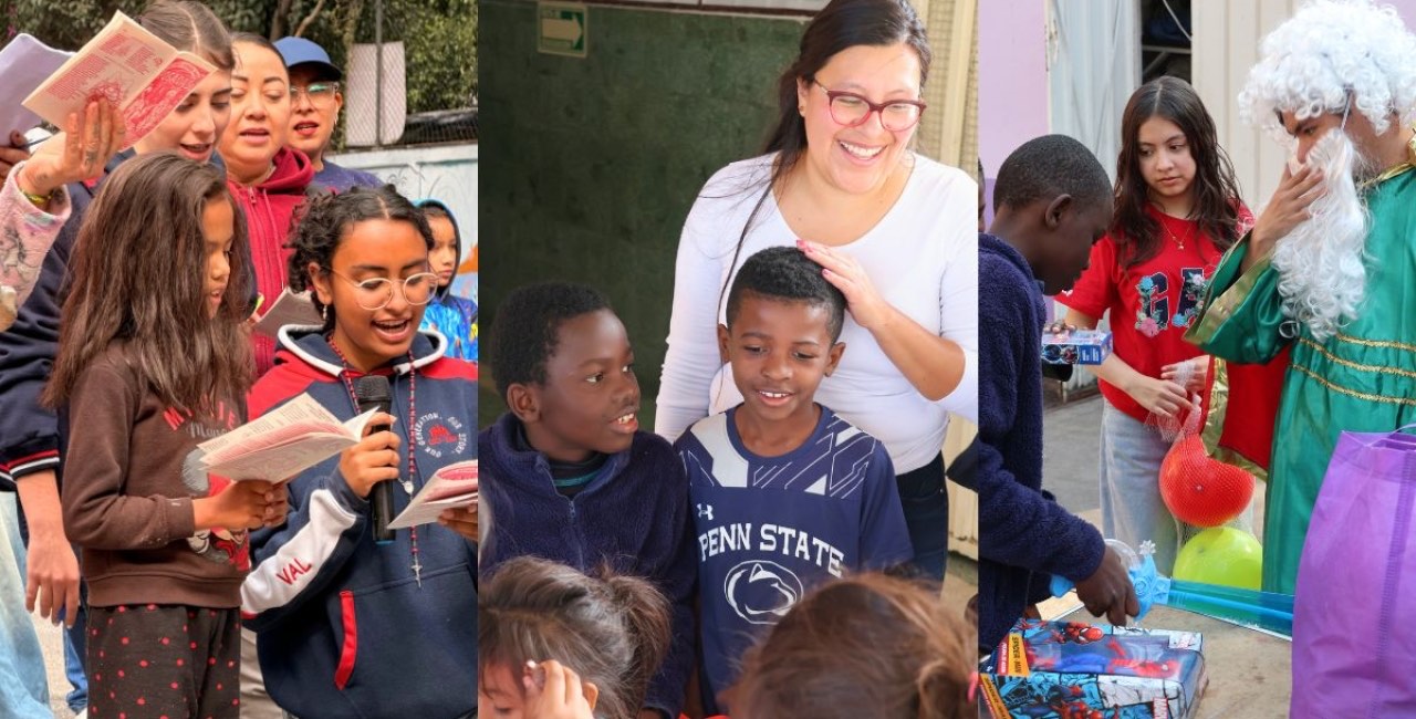 Jóvenes voluntarias y voluntarios conviven con niñas y niños migrantes en actividades comunitarias y una posada